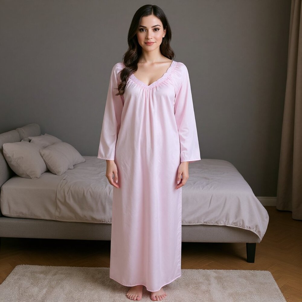ORIGINALS BY ELANA Pink Satin Nightgown One Size Lace Trim Long Sleeve VTG